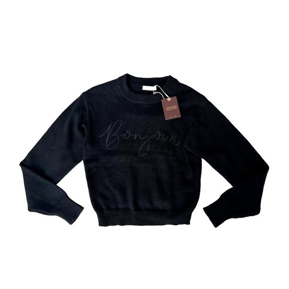 Active Basic USA " Bonjour " Print Knit Sweater Black ( S ) - Picture 2 of 3